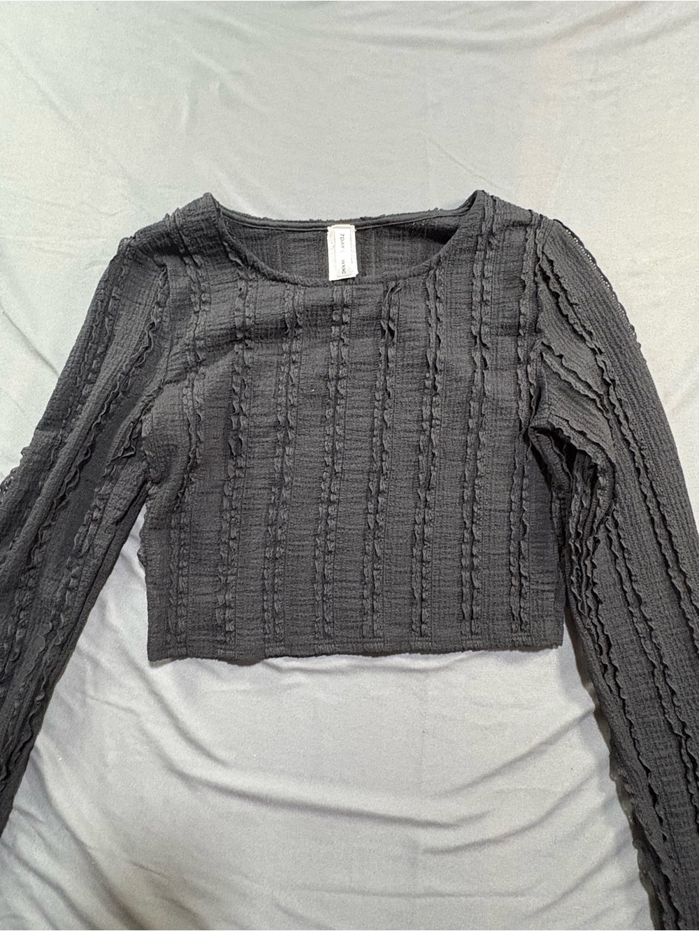 Black Textured Long-Sleeve Cropped Top